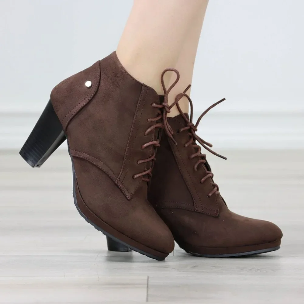 Womens Ankle Boots Lace Up Block Heel Booties Brown Faux Suede - Picture 11 of 11